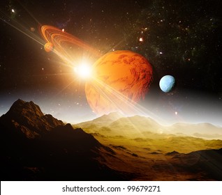 A view planet   the universe from the moon's surface  Abstract illustration distant regions 
