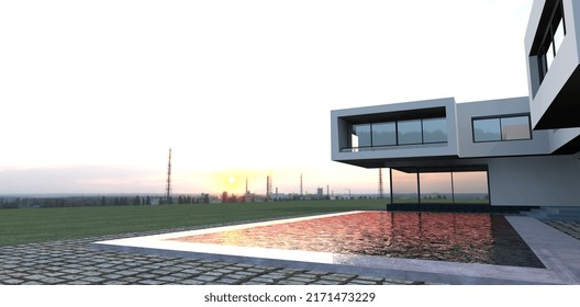 View From The Pool Area To The Sunset.. Luxury High Tech Building. 3d Render. View To The Urban Sunset Landscape From The Living Room Of A High Tech House. 3d Render.