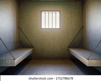 View of the prison cell with sun shining through the window, 3d Render, 3d Illustration