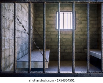 View of the prison cell through bars with sun shining through the window, 3d Render, 3d Illustration