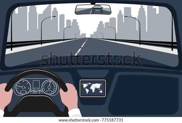 view of\
the road from the car interior \
illustration.