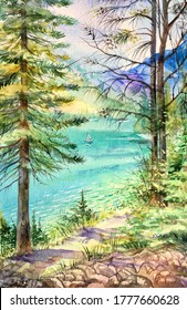 View Of The Sea Through The Forest. Watercolor Pine Trees Forest. Summer Background. Design Element. 