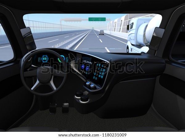 View from self-driving truck interior on highway.\
3D rendering image.