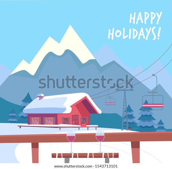 View from the ski cafe at a\
table with glasses of red wine. Ski resort with lift, cable-cars,\
house and winter mountains landscape. Flat cartoon style\
illustration.