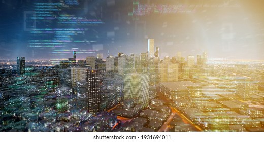 View of a Smart city with network and communication connection - 3d rendering 