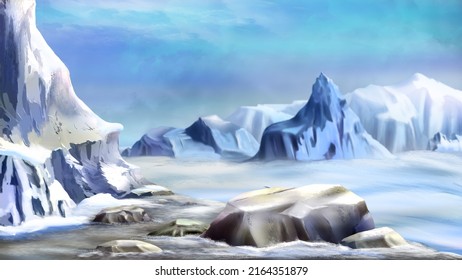 View the snow  capped mountain peak sunny winter day  Digital Painting Background  Illustration 