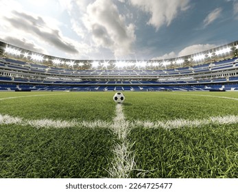 View of soccer ball on athletic field in stadium arena 3d render - Powered by Shutterstock