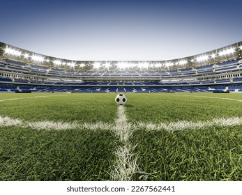 View of soccer ball on athletic field in stadium arena 3d render - Powered by Shutterstock