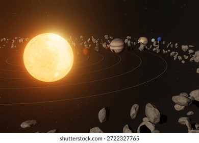 A view of the solar system featuring the sun and planets arranged in orbit around it. An asteroid belt is visible alongside the planets. The scene depicts a space environment.