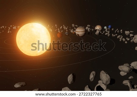A view of the solar system featuring the sun and planets arranged in orbit around it. An asteroid belt is visible alongside the planets. The scene depicts a space environment.