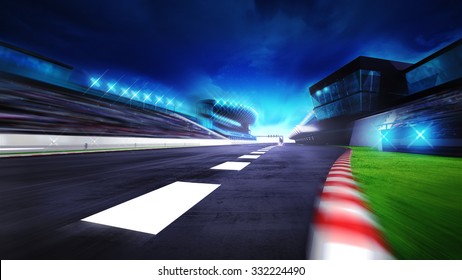 View Of The Start Finish Line And Paddock On The Racetrack, Racing Sport Digital Background Illustration