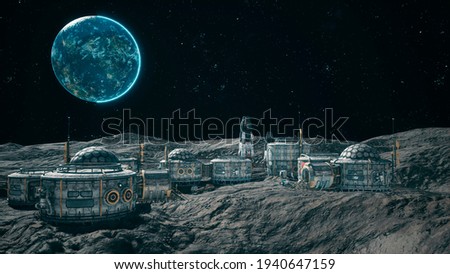 A view of the surface of an alien planet, a space colony or a lunar base with spaceships standing nearby. 3D Rendering.