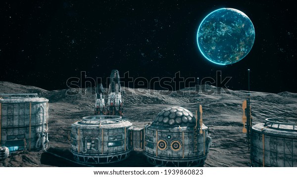 A\
view of the surface of an alien planet, a space colony or a lunar\
base with spaceships standing nearby. 3D\
Rendering.
