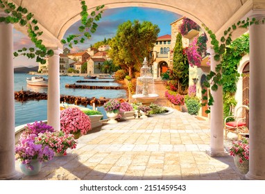 View from the terrace to the blue sunny sea with an arch. Digital mural. Photo wallpapers. Wallpaper on the wall.