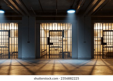 A view through the bars of the prisoner's cell doors, reveals a small room with a bed, small table, chair, and sink. The position of the observer is from the corridor outside the cell. Hallway