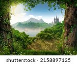 View through a beautiful enchanting fairy tale woodland onto a castle and a sailing ship, 3d render.