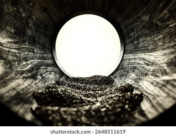 A view through the inside of a whiskey barrel looking out filled with grain - 3D render