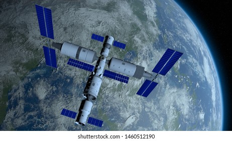 View Of TIANGONG 3 - Chinese Space Station Orbiting The Planet Earth On Black Space With Stars Background. 3D Illustration