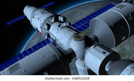 View Of TIANGONG 3 - Chinese Space Station Orbiting The Planet Earth On Black Space With Stars Background. 3D Illustration