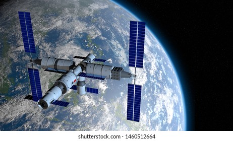 View Of TIANGONG 3 - Chinese Space Station Orbiting The Planet Earth On Black Space With Stars Background. 3D Illustration