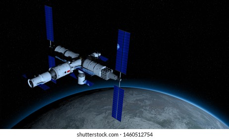 View Of TIANGONG 3 - Chinese Space Station Orbiting The Planet Earth On Black Space With Stars Background. 3D Illustration