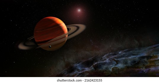 View From Titan Moon On Saturn Planet. Elements Of This Image Furnished By NASA. 3D Illustration.