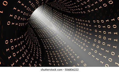 View in a tunnel of binary codes, on black background and reflecting; 3D rendering