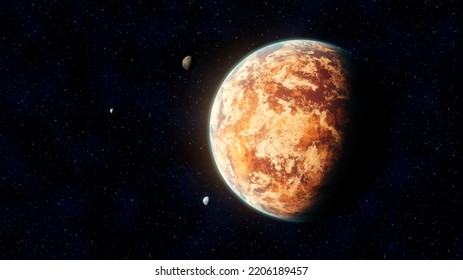 View Of An Unknown Science Fiction Desert Planet  In Reddish Tone In Space With Three Small Satellites In Orbit Around It. 3D Rendering