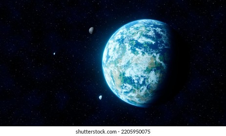 View Of An Unknown Science Fiction Planet In Blue Tone Similar To Earth In Space With Three Small Satellites In Orbit Around It. 3D Rendering