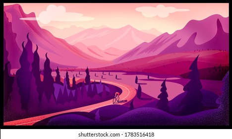 View of a valley with trees in the mountains and a road traveled by a cyclist, giro d’Italia (cycling competition). Man on a bicycle in the mountains. Mountain bike route. Outdoor sports.
 - Powered by Shutterstock