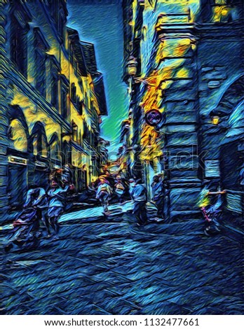 View at vintage night Italian street. Old architecture of Italy. Big size oil painting fine art in Vincent Van Gogh style. Modern impressionism drawn. Creative artistic print for poster or postcard.