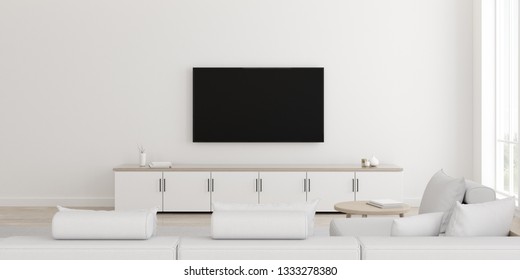 View Of White Living Room In Minimal Style With Furniture On Bright Laminate Floor.Interior Design With TV And Cabinet On White Wall, 3d Rendering.	