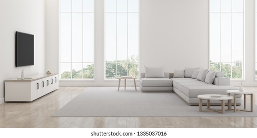 View of white living room in minimal style with furniture on bright laminate floor.Interior design with TV and sofa set on tree background. 3d rendering.	