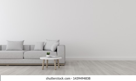 Vista del salón blanco de estilo minimalista con sofá y mesita lateral en el suelo laminado.Perspectiva de diseño interior. Representación 3d.	