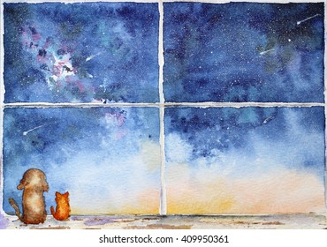 view from the window: dog and cat looking at starry night sky, hand drawn watercolor