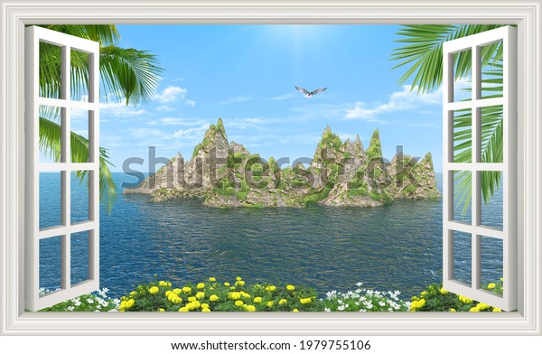 View from the window to the ocean and mountainous island, palm trees and flowers, summer and relaxation - 3d rendering