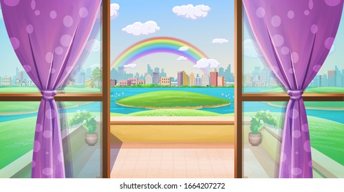 View from the window Rainbow over the rive and City 