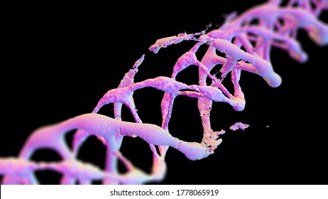 Viewed In An Electron Microscope DNA Molecules On A Dark Background. Biology And Biotechnology Concept, Scientific Research, Deoxyribonucleic Acid, Human Genome. 3D Rendering And Illustration.