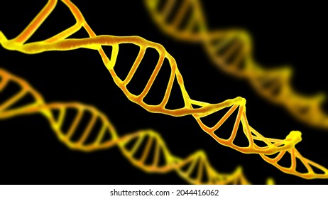 Viewed In An Electron Microscope DNA Molecules On A Black Background. Biology And Biotechnology Concept, Scientific Research, Deoxyribonucleic Acid, Human Genome. 3D Rendering Illustration.