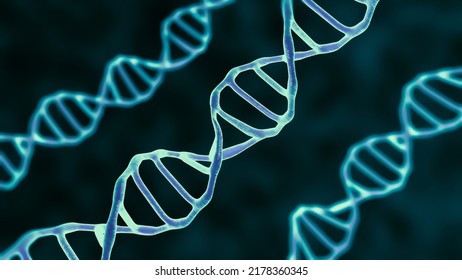 Viewed In An Electron Microscope DNA Molecules On A Dark Background. Biology And Biotechnology Concept, Scientific Research, Deoxyribonucleic Acid, Human Genome. 3D Rendering Illustration.