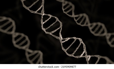 Viewed In An Electron Microscope DNA Molecules On A Dark Background. Biology And Biotechnology Concept, Scientific Research, Deoxyribonucleic Acid, Human Genome. 3D Rendering And Illustration.