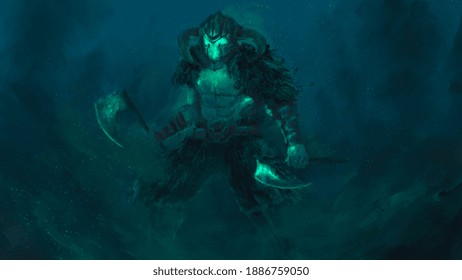 Viking ghost demon in the winter night ,digital art,illustration.