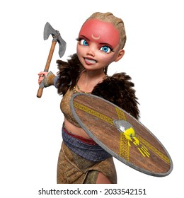 Viking Girl Is Attacking With Sheild And Axe Close Up View, 3d Illustration