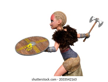 Viking Girl Is Attacking With Sheild And Axe Side Up View, 3d Illustration