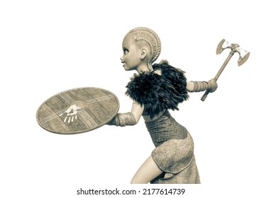 Viking Girl Is Attacking With Sheild And Axe Side Up View, 3d Illustration