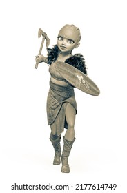 Viking Girl Is Attacking With Sheild And Axe, 3d Illustration