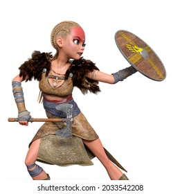 Viking Girl Is Furious And Holding A Sheild And Axe, 3d Illustration