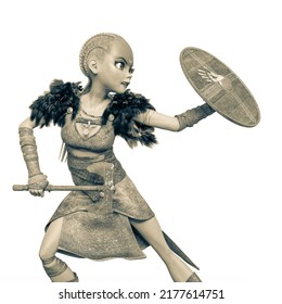 Viking Girl Is Furious And Holding A Sheild And Axe, 3d Illustration