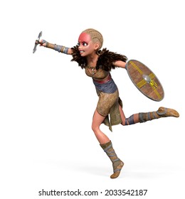 Viking Girl Is Running For War With Sheild And Axe Side View, 3d Illustration