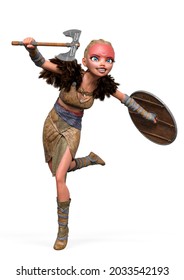 Viking Girl Is Running For War With Sheild And Axe, 3d Illustration